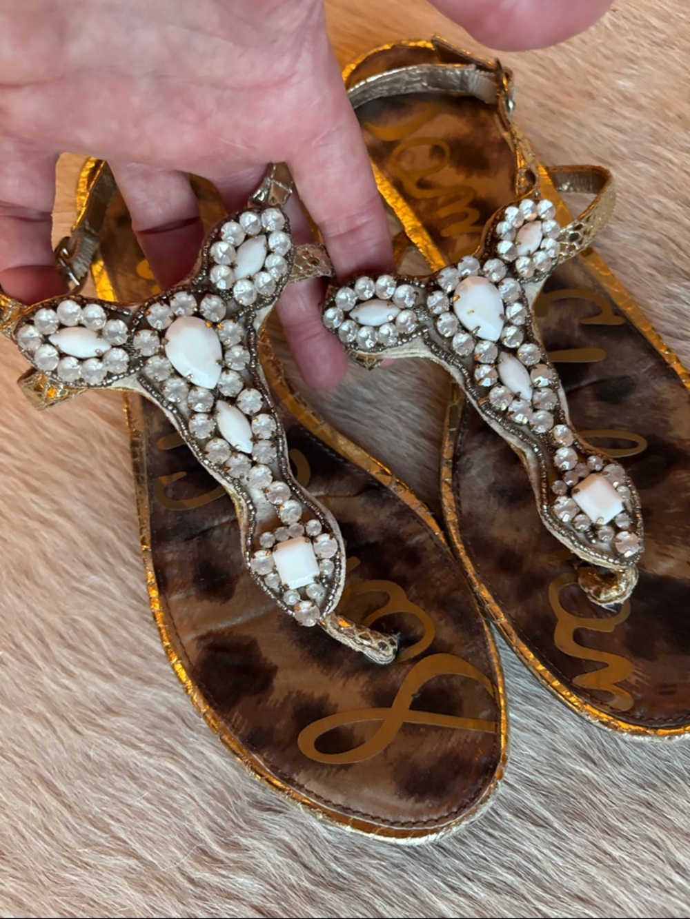 Sam Edelman Gold T-Strap Sandals with White Jewel Accents